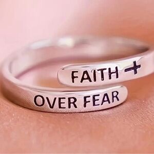 Women’s “Faith Over Fear” Stainless Steel Silver Cross  Adjustable Size 6-9
